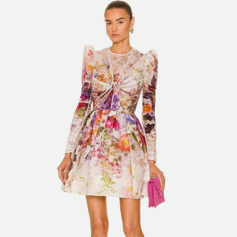 Zimmermann Floral Prima PaneMulticolor Mini Dress with Sheer Sleeves Size 3 US 8
